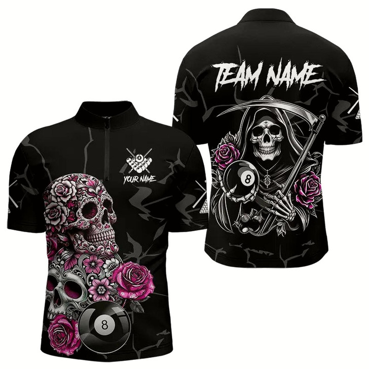 Goofygearprints Personalized Pink Funny Skull Roses 8 Ball Billiard Shirts For Men Custom Pool Team Shirts