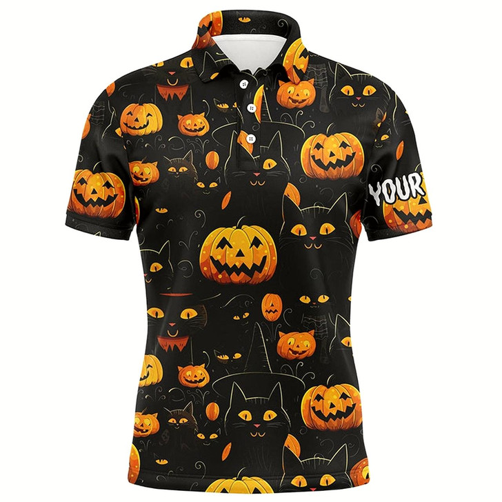 Goofygearprints Halloween Seamless With Pumpkin & Cute Cat Mens Golf Polos Funny Golf Tops For Men Golf Gifts