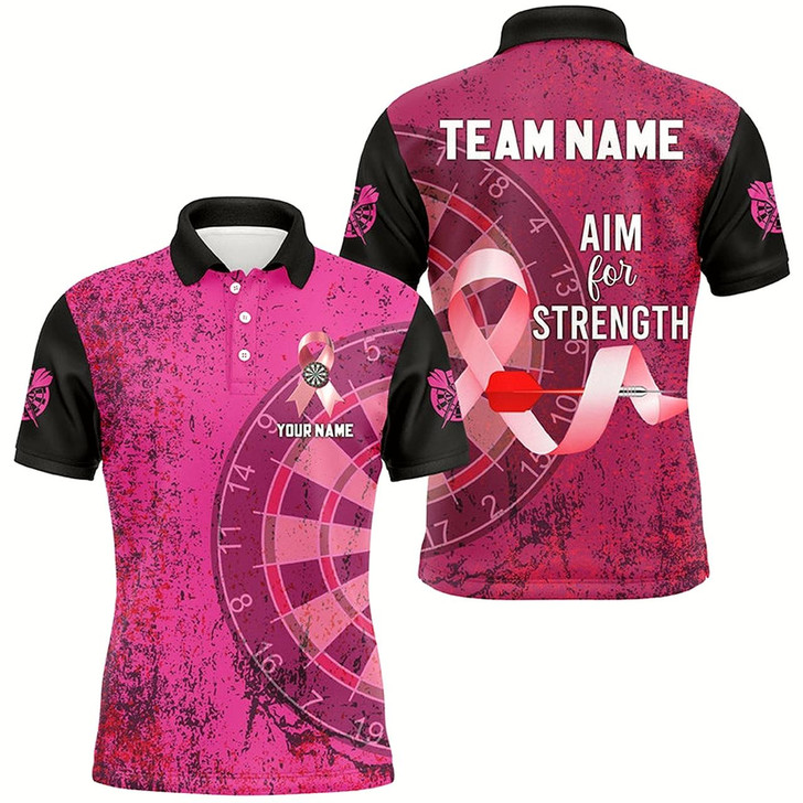 Goofygearprints Pink Ribbon Aim For Strength Custom Darts Shirts For Men, Breast Cancer Pink Darts Team Jerseys Style 1