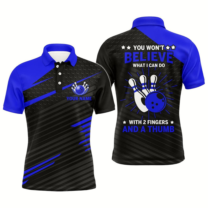 Goofygearprints Funny Bowling Polo Shirt For Men, Blue & Black Custom Bowling Jersey, 2 Fingers And A Thumb