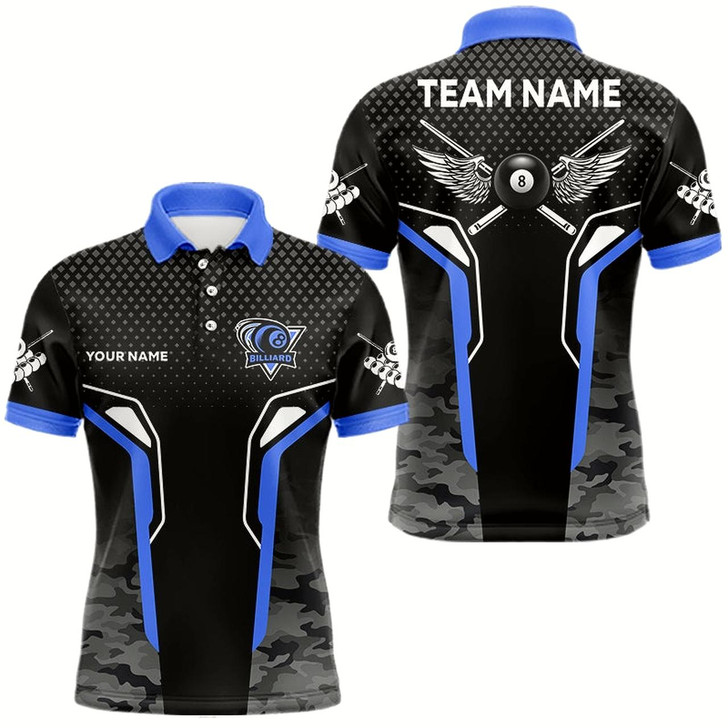 Goofygearprints Black And Blue 8 Ball Pool Wings Custom Camo Billiard Shirts For Men, 8 Ball Billiard Team Jerseys