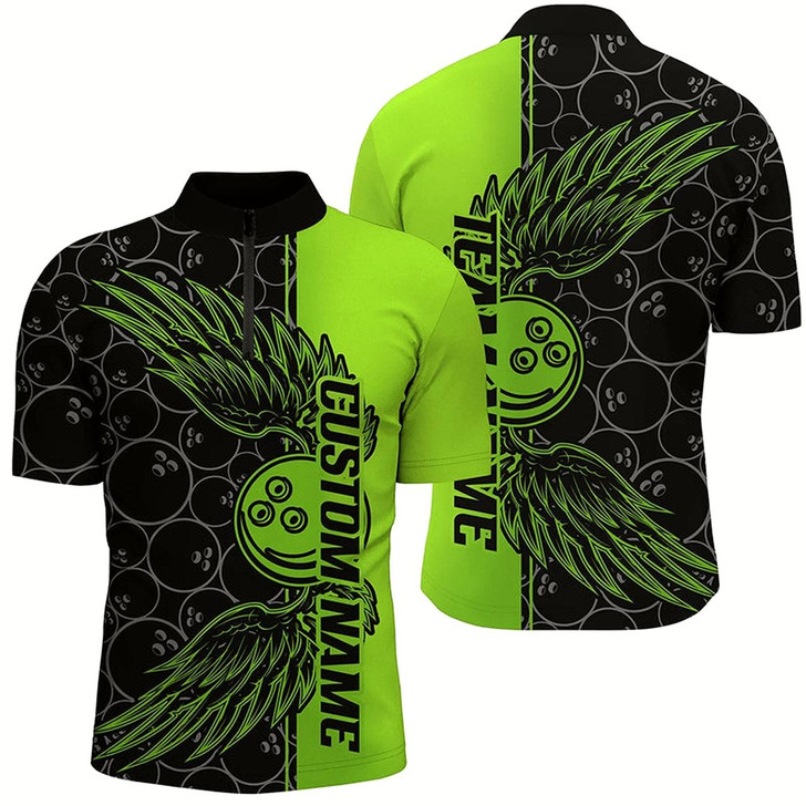 Goofygearprints Black And Green Custom Unisex Bowling Tournament Team Shirts, Bowling Ball And Wings Jerseys Style 1