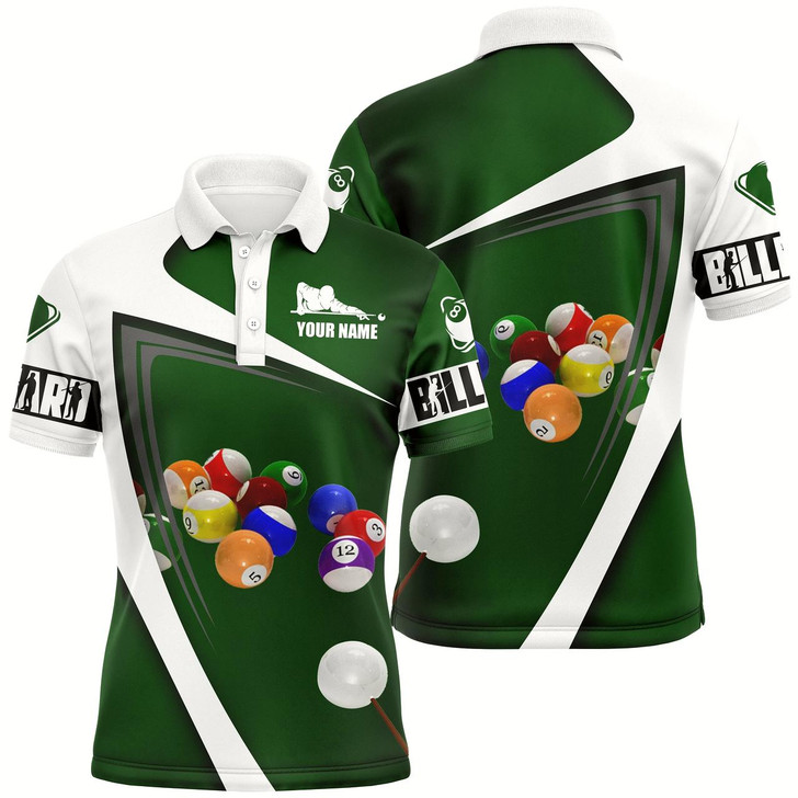 Goofygearprints Personalized Green White Billiard Balls 3D Polo Shirts For Men, Custom 8 Ball Billiards Jerseys Style 2
