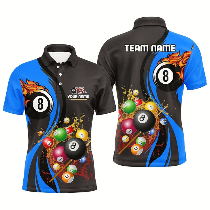 Goofygearprints Personalized Customized Fire And Water 8 Ball Pool Billiard Balls Blue Polo Shirts For Men