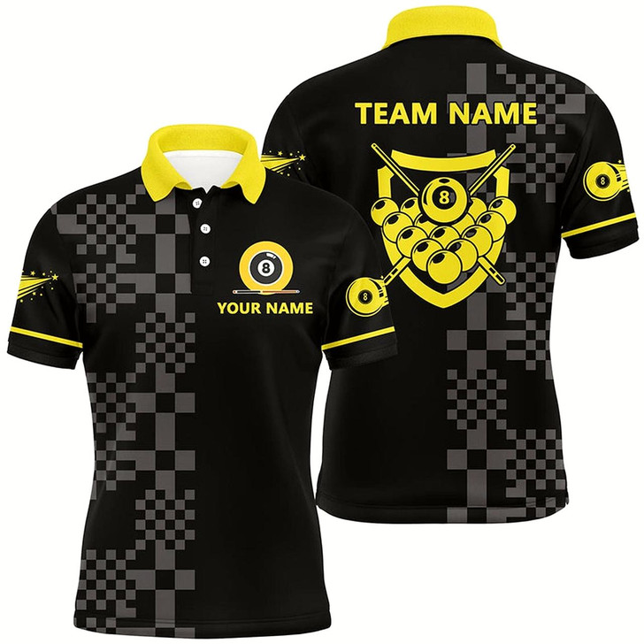 Goofygearprints Personalized Abstract Square Pattern 8 Ball Pool Yellow Black Billiard 3D Polo Shirts For Men