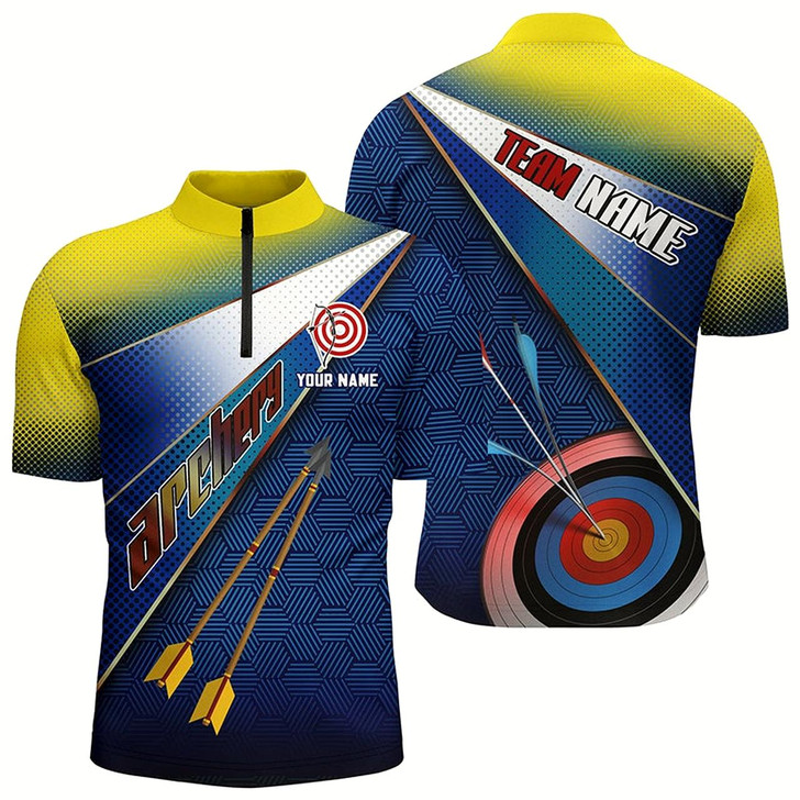Goofygearprints Personalized Yellow Blue 3D Target Archery Quarter-Zip Shirts For Men, Arrows Archery Team Shirts Style 1