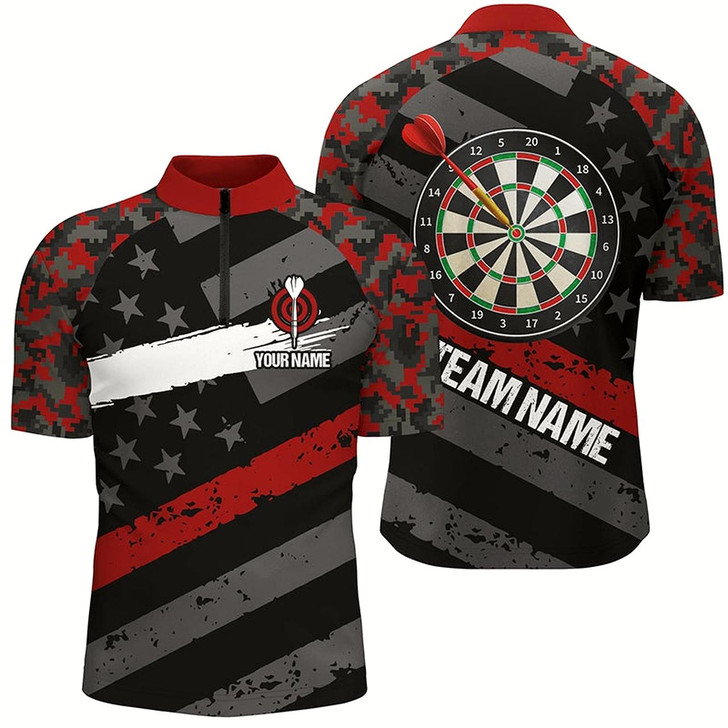 Goofygearprints Personalized Red Camo American Flag Darts Quarter-Zip Shirts Custom Patriotic Dart Jerseys For Men
