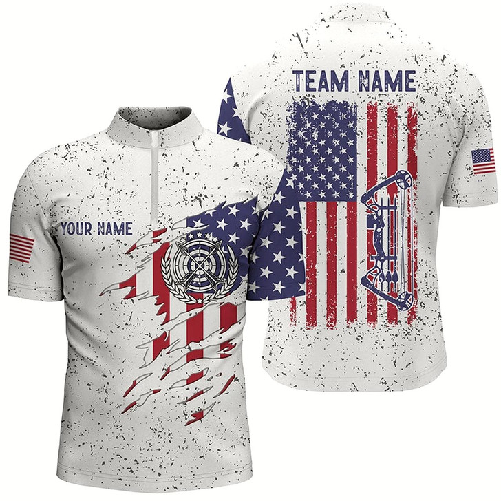 Goofygearprints Personalized White Grunge Us Flag Target Archery 3D Quarter-Zip Shirts For Men, Bow Archery Shirts