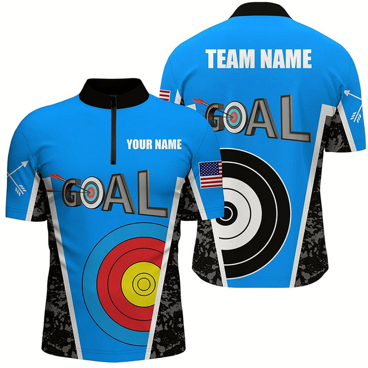 Goofygearprints Custom Name Blue Archery Goal Men Quarter-Zip Shirts, 3D Target Archery Jerseys For Team Style 1