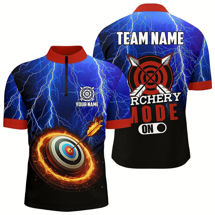 Goofygearprints Personalized Archery Mode On Lightning Blue Men Quarter-Zip Shirts, 3D Target Archery Jerseys