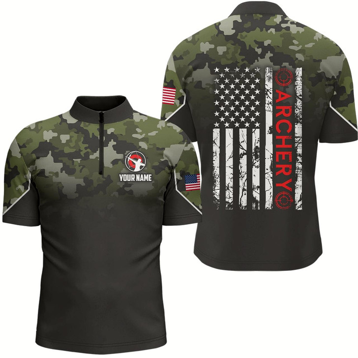 Goofygearprints Personalized Green Camouflage Archery Quarter-Zip Shirts For Men, Grunge Us Flag Archery Shirts