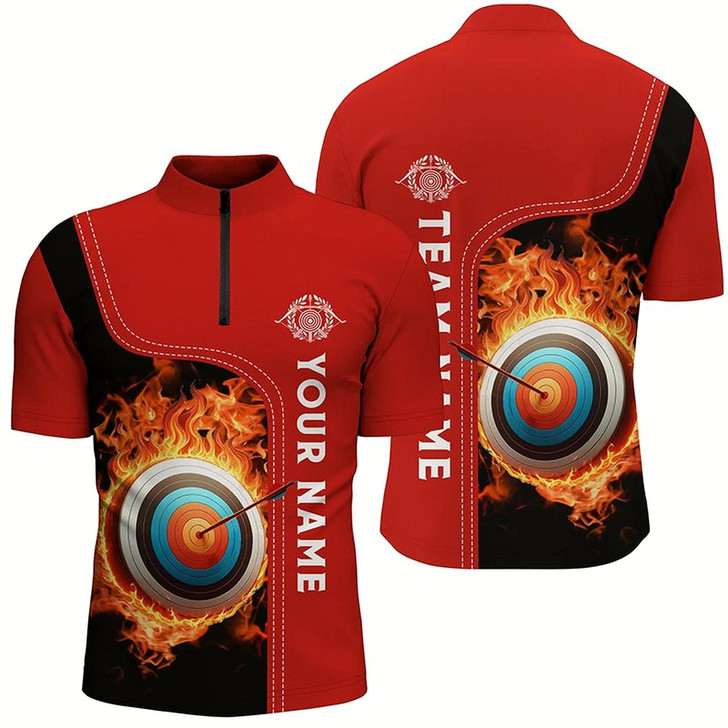 Goofygearprints Personalized Black Red Flaming Target Archery 3D Quarter-Zip Shirts For Men, Archery Team Jerseys