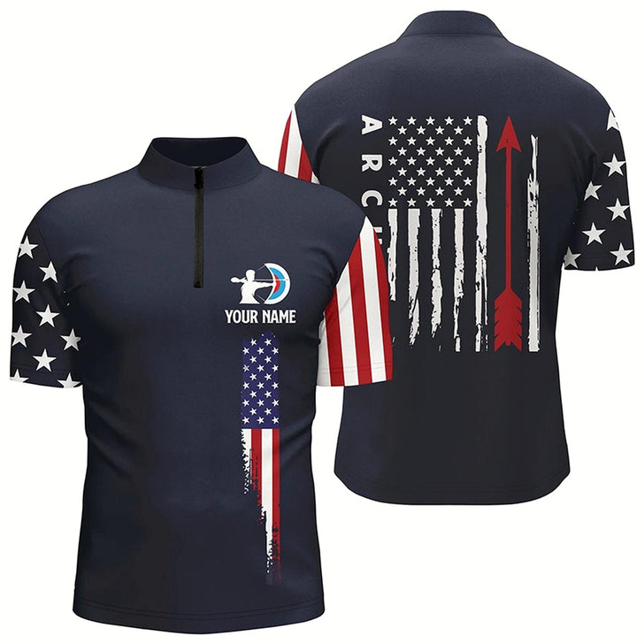 Goofygearprints Personalized Navy American Flag Archery Quarter-Zip Shirts For Men, Flag Arrow Archery Jerseys Style 1
