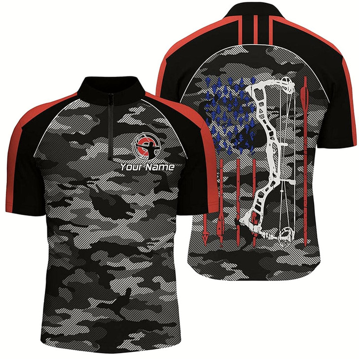 Goofygearprints Personalized Camouflage Us Flag Archery Quarter-Zip Shirts For Men, American Arrow Archery Jerseys Style 1