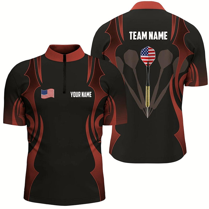 Goofygearprints Personalized Black Red Darts Quarter Zip Shirt American Flag Patriotic Men Dart Jerseys