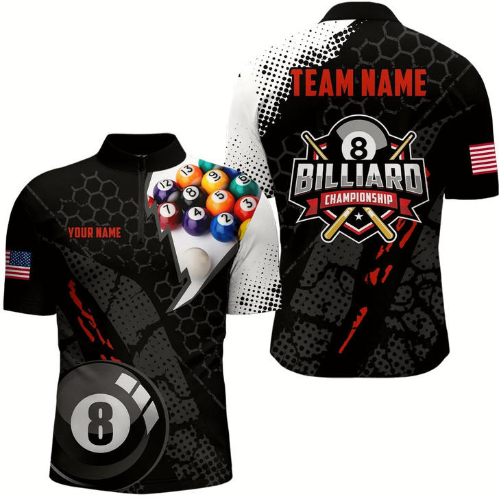 Goofygearprints Personalized 3D Billiard Balls Black Quarter-Zip Shirts For Men, Us Flag 8 Ball Billiard Jerseys Style 1