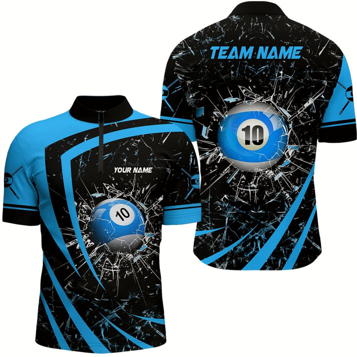 Goofygearprints Personalized Blue Glass Break 10 Ball Billiard 3D Quarter Zip Shirts For Men 10 Ball Pool Jerseys Style 2