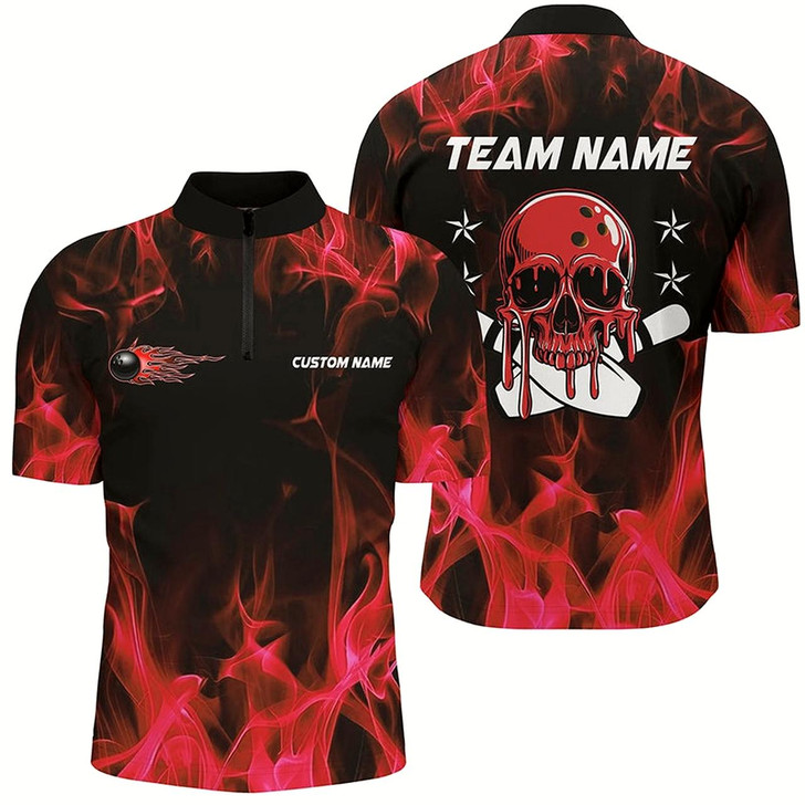 Goofygearprints Custom Red Flame Skull Bowling Team Shirts, Bowling Polo/ Quarter-Zip Shirts For Men And Women