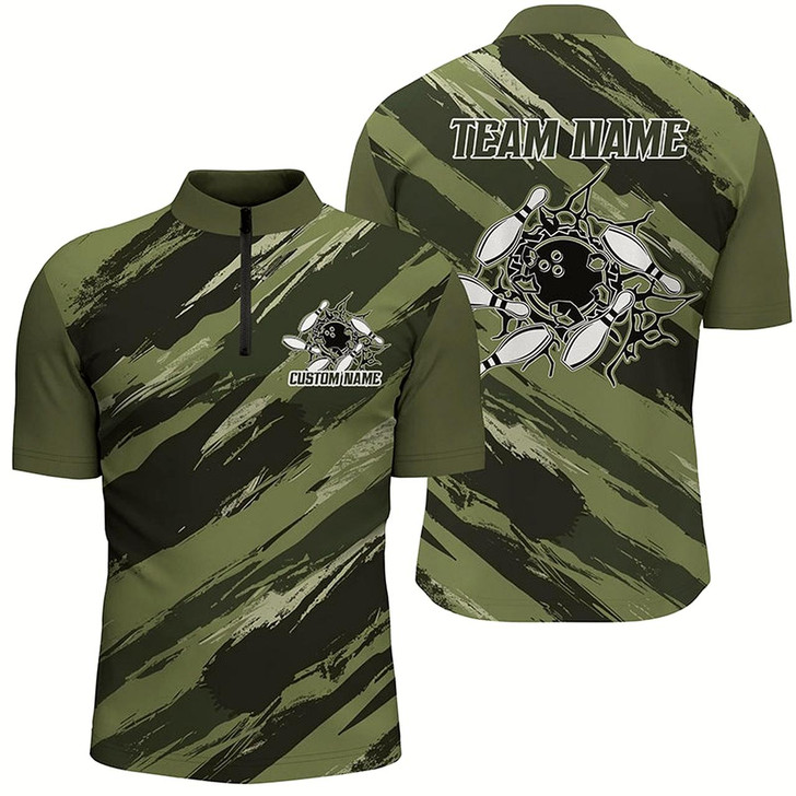 Goofygearprints Custom Navy Green Camo Bowling Shirts For Men And Women, Bowling Strike Team Shirts