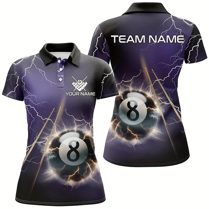 Goofygearprints Personalized Thunder Lighting Purple 8 Ball Billiard 3D Polo Shirts For Women, Pool Balls Jerseys