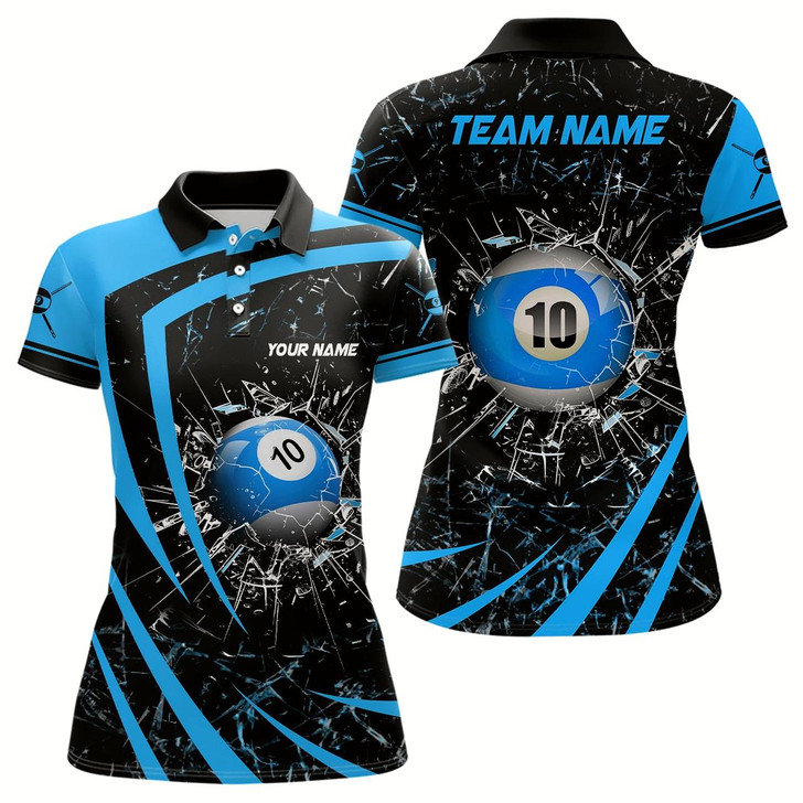 Goofygearprints Personalized Blue Glass Break 10 Ball Billiard 3D Polo Shirts For Women, Custom 10 Ball Pool Jerseys Style 2