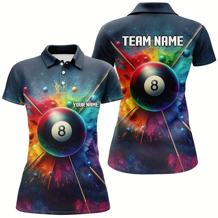 Goofygearprints Personalized Colorful Painted 8 Ball Billiard 3D Polo Shirts For Women, Custom 8 Ball Pool Jerseys