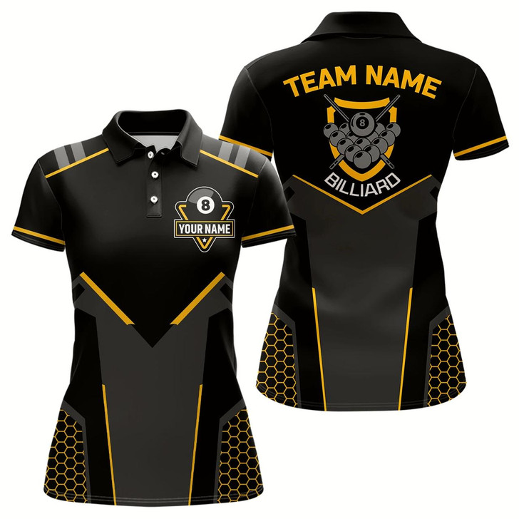 Goofygearprints Personalized Style Black Yellow 8 Ball Billiard 3D Polo Shirts For Women, 8 Ball Pool Team Jerseys Style 2