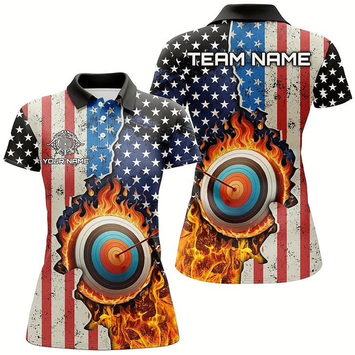 Goofygearprints Personalized Us Flag Flame Target Archery 3D Polo Shirts For Women, Custom Archery Team Shirts Design
