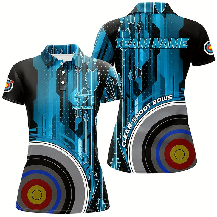 Goofygearprints Personalized Vintage Blue 3D Target Archery Polo Shirts For Women, Clear Shoot Bows Archery Shirts Style 2