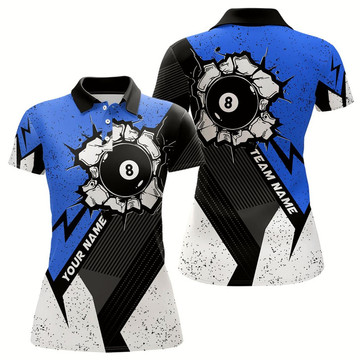 Goofygearprints Personalized Style Blue Grunge 8 Ball Billiard 3D Polo Shirts For Women, 8 Ball Pool Team Jerseys