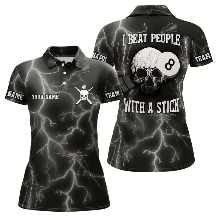 Goofygearprints Personalized I Beat People With A Stick Billiard Polo Shirts For Women, Thunder Skull Billiard Shirt Style 1