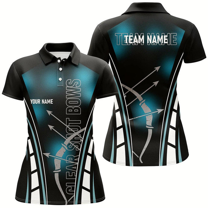 Goofygearprints Personalized Clear Shot Bows Archery Polo Shirts For Women, Black Blue Arrows Bows Archery Shirts
