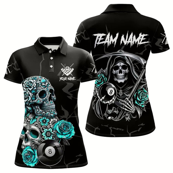 Goofygearprints Personalized Funny Turquoise Skull Roses 8 Ball Billiard Shirts For Women Custom Pool Team Shirts