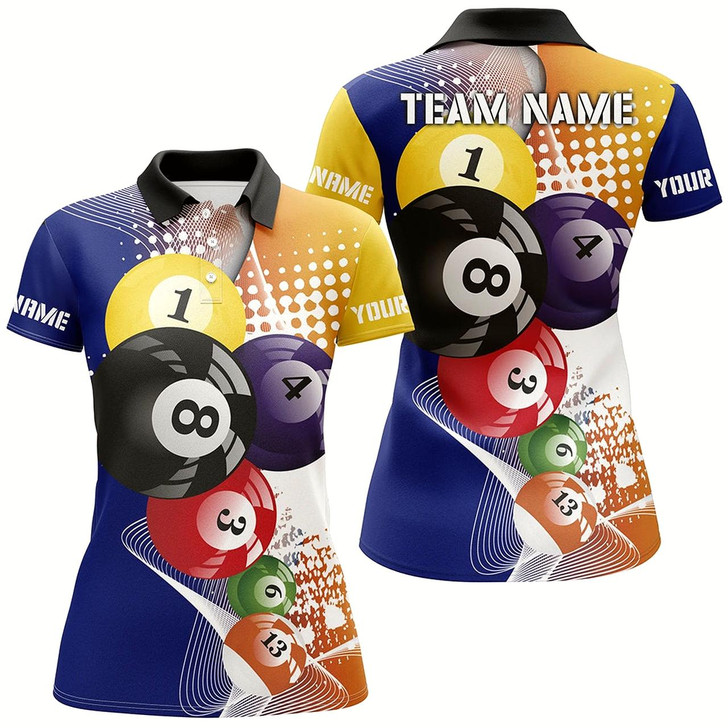 Goofygearprints Custom Name Multicolor Billiard Balls 3D All Over Printed Polo Shirts For Women, Billiard Lover Team Style 2