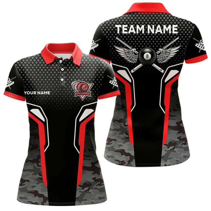 Goofygearprints Black And Red 8 Ball Pool Wings Custom Camo Billiard Shirts For Women, 8 Ball Billiard Team Jerseys Style 2