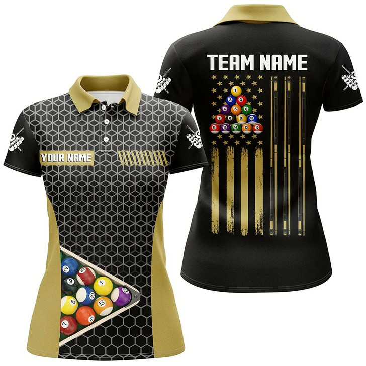 Goofygearprints Personalized Retro American Flag Billiard Pool Shirts For Women Custom Yellow Black Billiard Jerseys Style 1