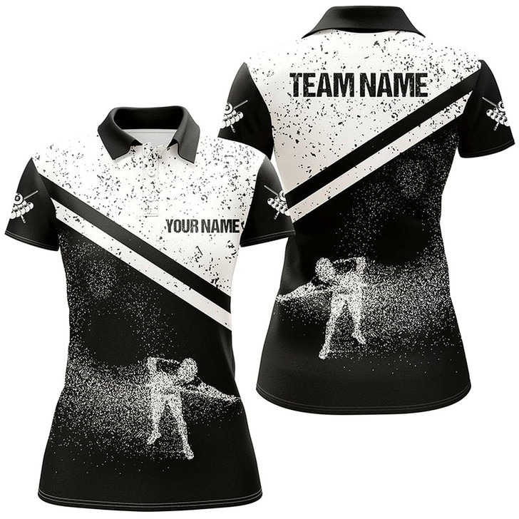 Goofygearprints Personalized 3D Funny Billiards Polo Shirts For Women, Custom Pool Player White Grunge Jerseys Style 2