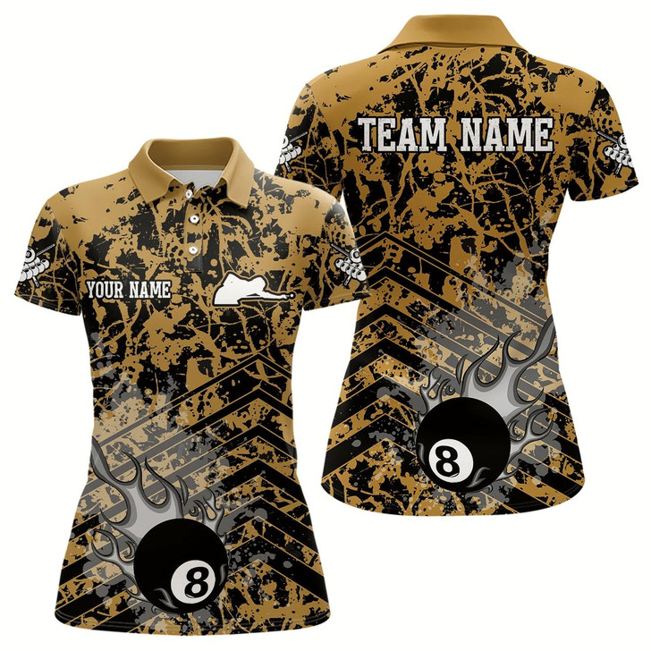 Goofygearprints Personalized Flame 8 Ball Custom Yellow Camo Abstract Billiard Shirt For Women, Pool Billiard Jerseys