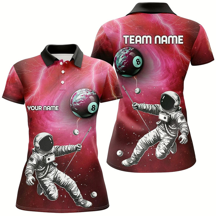 Goofygearprints Customized Red Galaxy Astronaut 8 Ball Pool Women Billiard Shirts, Funny 3D Printed Billiard Shirts