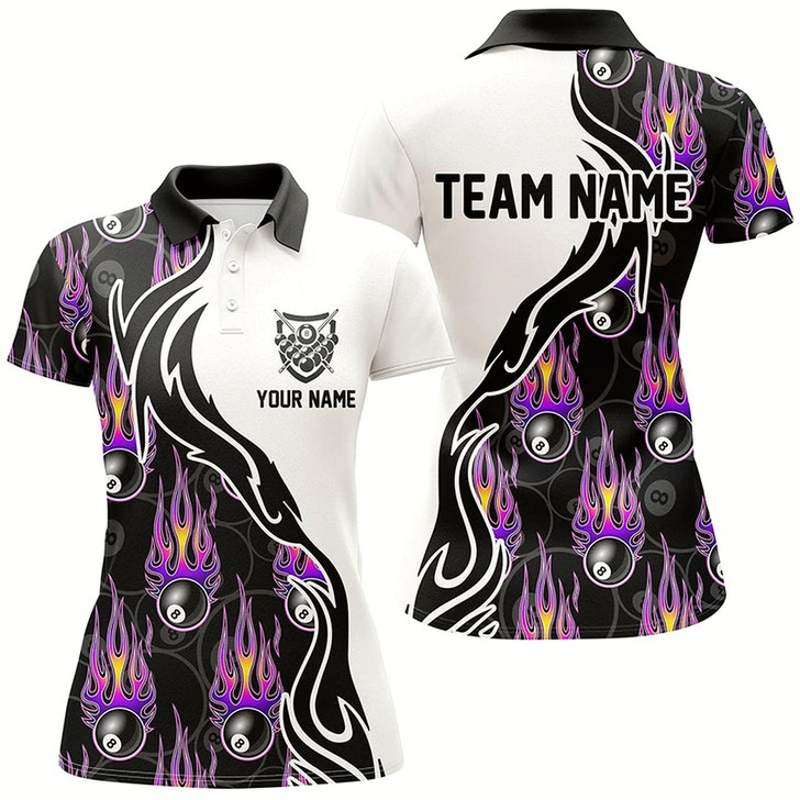 Goofygearprints Personalized Billiard 8 Ball Flaming Pattern Purple 3D Polo Shirts For Women, Billiards Team Jerseys Style 2