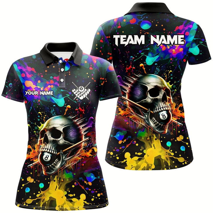 Goofygearprints Personalized Colorful Ink Splash Skull Billiard Shirts For Women, Funny Billiard Jerseys Pool Outfit Style 1