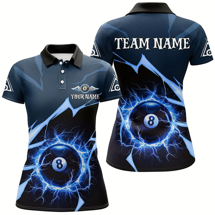 Goofygearprints Blue 8 Ball Pool Thunder Lightning Strike Custom Women Billiard Shirts, Billiard League Team Jerseys Style 2