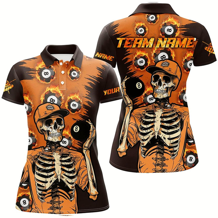 Goofygearprints Personalized Orange Funny Skeleton With 8 Ball Pool Women Billiard Shirts, 8 Ball Fire Pool Jerseys