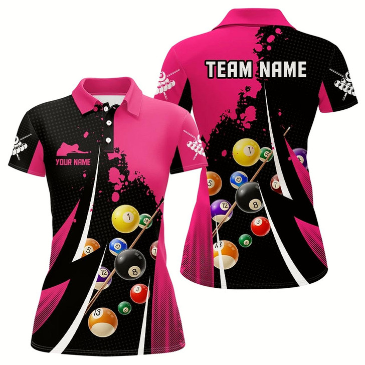 Goofygearprints Personalized Billiard Balls 3D Print Pink Black Billiard Player Polo Shirts For Women