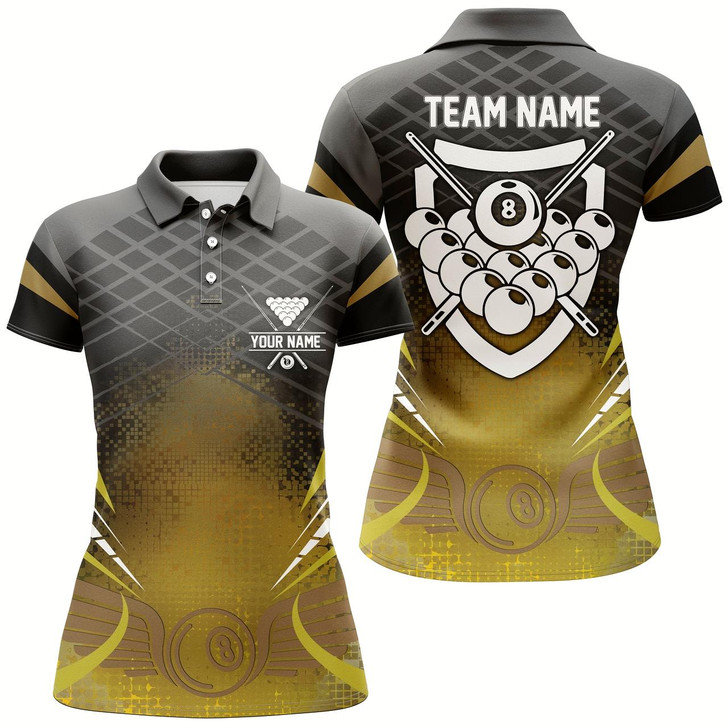 Goofygearprints Personalized Billiards 8 Ball Pool Black Yellow 3D Polo Shirts For Women, Billiard Balls Jersyes