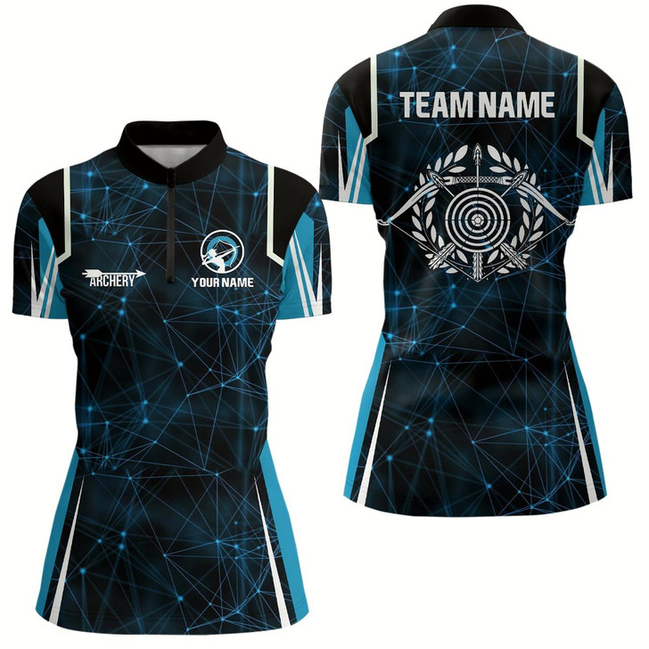 Goofygearprints Personalized Blue 3D Target Archery Quarter-Zip Shirts For Women Custom Bow And Arrow Archery Shirts