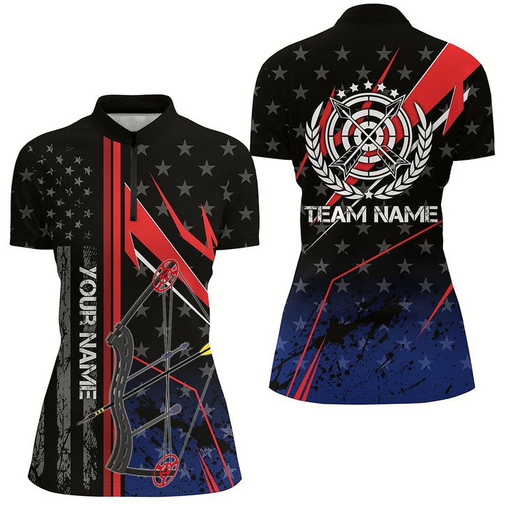 Goofygearprints Personalized Archery Quarter-Zip Shirts For Women, Patriotic Us Flag Bow Arrows Archery Shirts Style 1