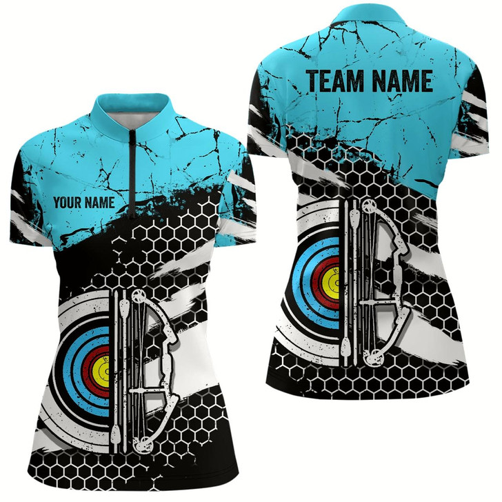 Goofygearprints Personalized Retro Blue Black Target Archery Quarter-Zip Shirts For Women Custom Archery Team Shirts
