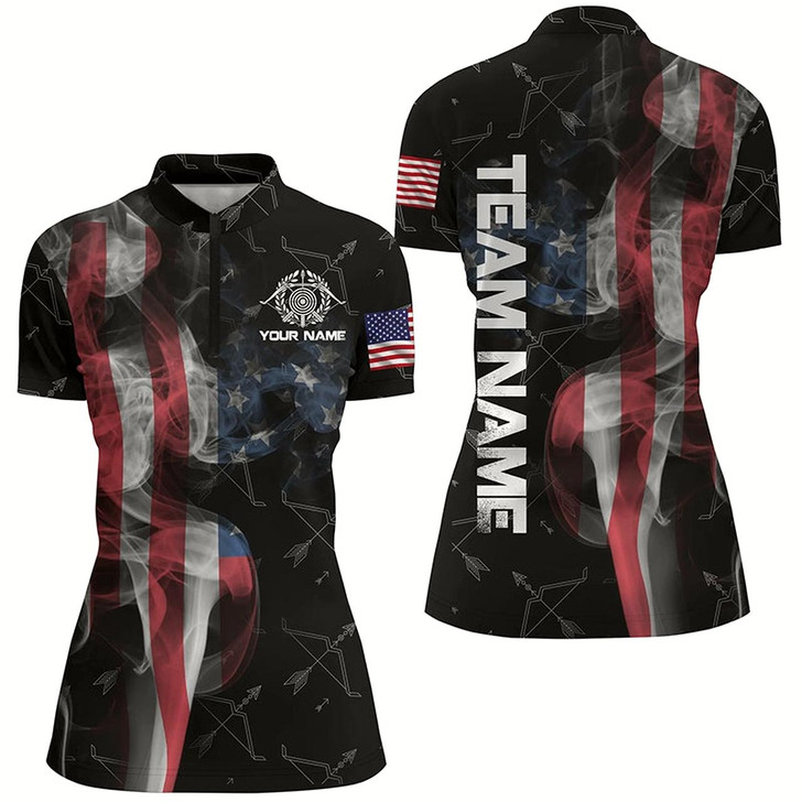Goofygearprints Personalized Vintage Smoke Us Flag Archery Quarter-Zip Shirts For Women, Archery Bows Pattern Jerseys