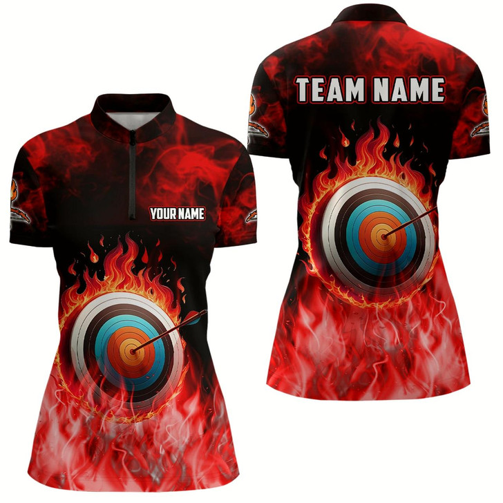 Goofygearprints Personalized Red Flaming Target Archery 3D Quarter-Zip Shirts For Women, Bow Arrow Archery Jerseys